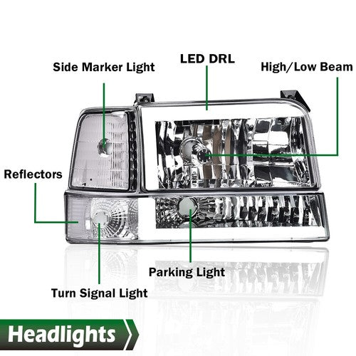Solid Spare LED DRL Headlights Bumper Lamps Chrome Fit For 92-96 Ford F150 F250 F350 Bronco