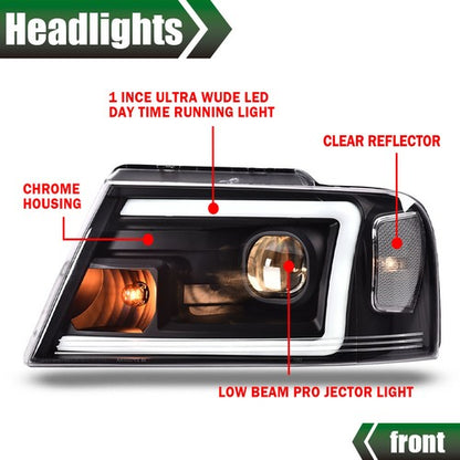 Solid Spare LED DRL Projector Headlights Black Fit For 2004-2008 Ford F-150/Lincoln Mark LT