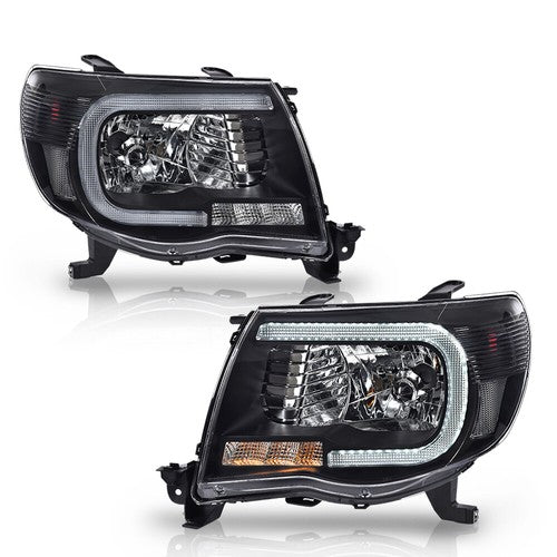 Solid Spare Fit For 2005-2011 Toyota Tacoma Black LED Tube DRL Headlights Headlamps Pair
