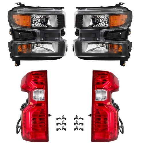 Solid Spare Headlights+Red Brake Tail Lights For 2019-2021 Chevy Silverado 1500 Halogen 4PCS