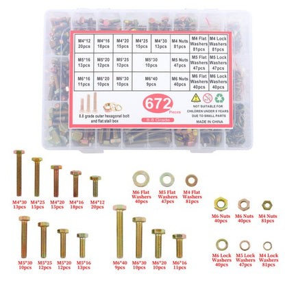 Solid Spare Alloy Steel Bolts and Nuts Flat & Lock Washers Assortment Kit M4 M5 M6 672PCS
