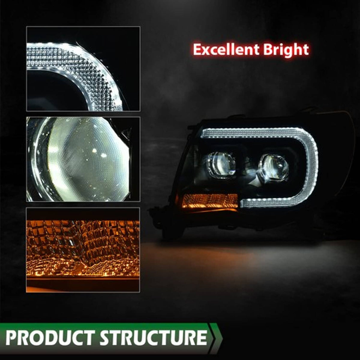 Solid Spare Fit For 2005-2011 Toyota Tacoma Smoke Lens Black Dual LED Projector Headlights