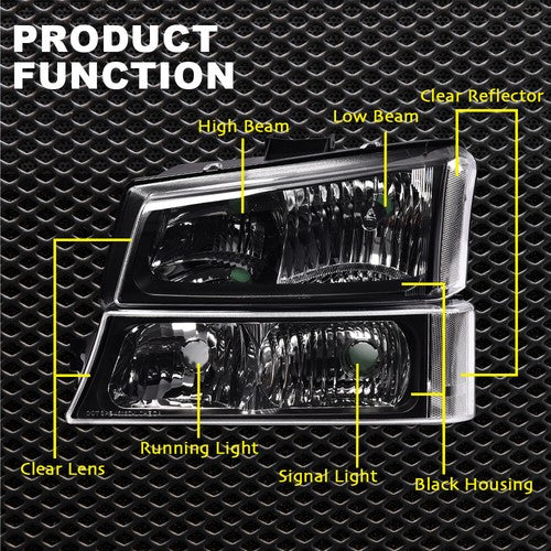 Solid Spare Black Headlights+Clear Reflector Signal Bumper Lamps Fit For 2003-2006 Silverado