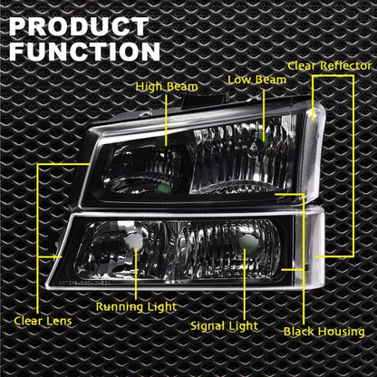 Solid Spare Black Headlights+Clear Reflector Signal Bumper Lamps Fit For 2003-2006 Silverado