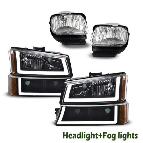 Solid Spare Fit For 03-06 Chevy Silverado Avalanche Black LED DRL Headlights+Fog Lights