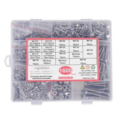 Solid Spare 1600Pack M4 M5 M6 Heavy Duty Nuts Flat and Bolts & Lock Washers Assortment Kit