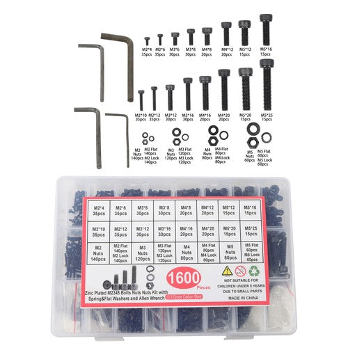 Solid Spare 1600 Pcs metric screws and nuts kits M2 M3 M4 M5 With 12.9 Grade Alloy Steel