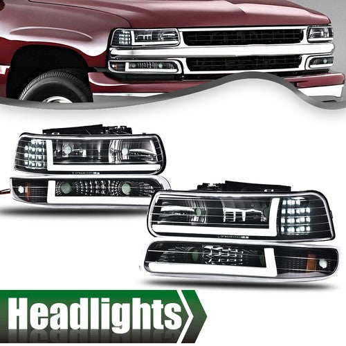 Solid Spare [LED DRL]Fit For 99-02 Chevy Silverado 1500 2500 HD Headlight+Bumper Lamps Black