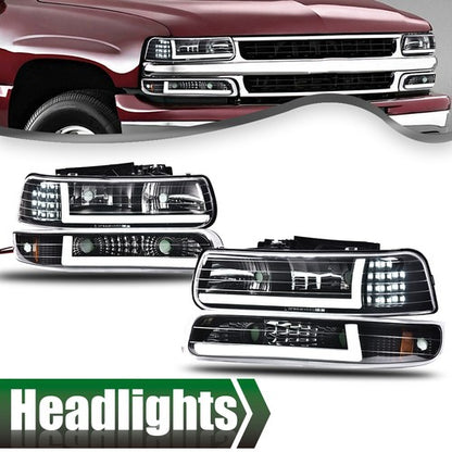 Solid Spare [LED DRL]Fit For 99-02 Chevy Silverado 1500 2500 HD Headlight+Bumper Lamps Black