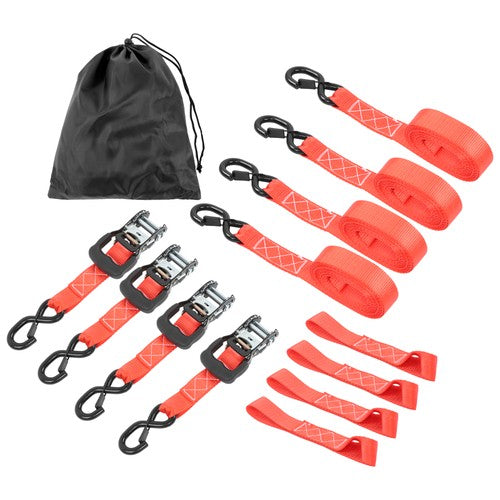 Solid Spare 4-Pack 1.6"x15' Red Ratchet Straps Kit 5,208lb Break Strength w/ Safety S Hooks