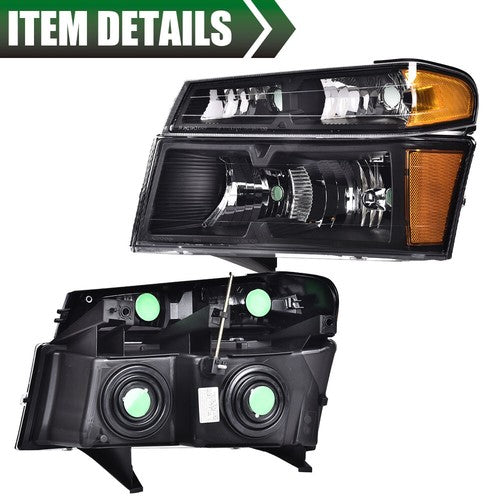 Solid Spare Fits 2004-2012 GMC Canyon Chevy Colorado Pair Headlights Front Bumper Lamps