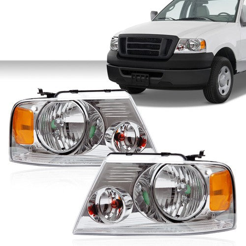 Solid Spare Fit For 2004-2008 Ford F150 Headlights Assembly Chrome Housing Amber Reflector
