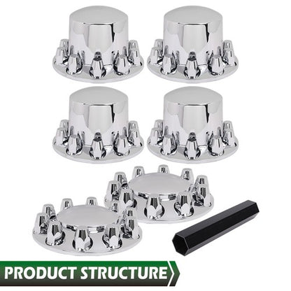 Solid Spare Complete 33mm Lug Silver Hub Cover Semi Truck Wheel Axle Cover Kit Front & Rear