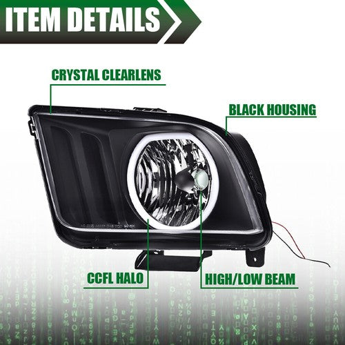 Solid Spare LED DRL Halo Headlights Assembly Fit For 2005-2009 Ford Mustang Black Headlamps