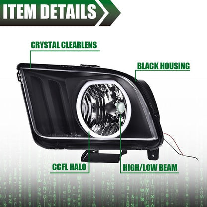 Solid Spare LED DRL Halo Headlights Assembly Fit For 2005-2009 Ford Mustang Black Headlamps
