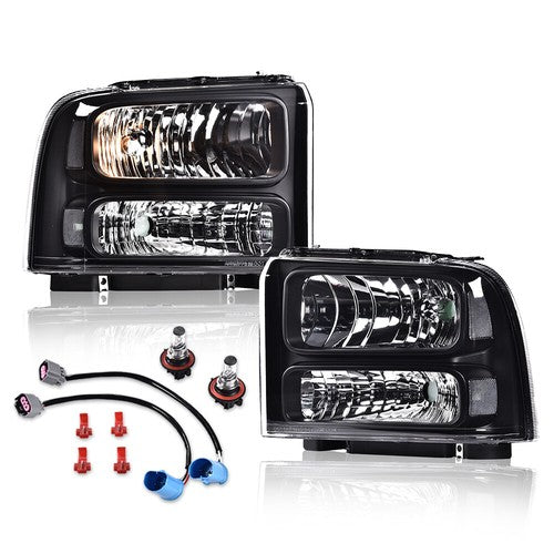 Solid Spare Black Headlights Conversion Kit W/ Bulb Fit For 99-04 Ford Super Duty Excursion