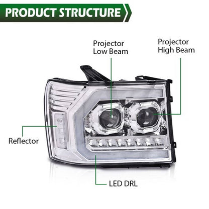 Solid Spare Dual Projector LED Headlights Chrome Fit For 07-14 GMC Sierra 1500 2500 3500