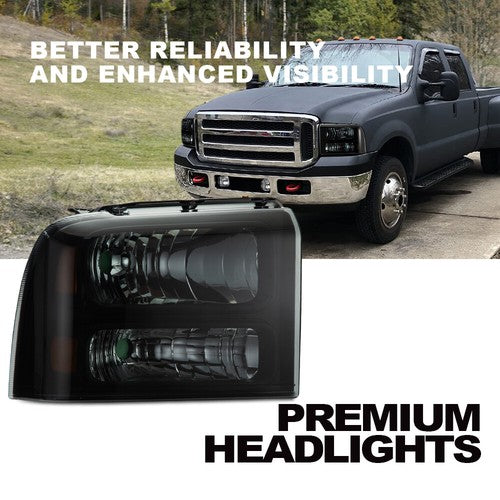 Solid Spare Fit For 2005-2007 Ford F250 F350 F450 F550 Super Duty Smoke Lens Headlights