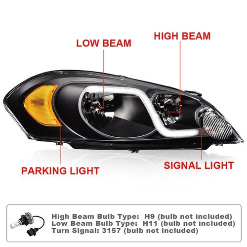 Solid Spare Fit For 06-16 Chevy Impala/Monte Carlo LED DRL Black Headlights Left+Right