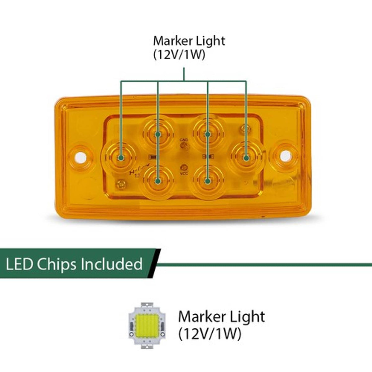 Solid Spare Rectangle Truck Roof Light with Gasket, 6 LED Waterproof Amber Cab Marker Lights