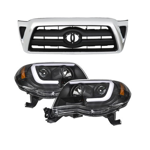 Solid Spare Pair Headlights Front Grille Chrome Shell W/Black Insert For 05-11 Toyota Tacoma