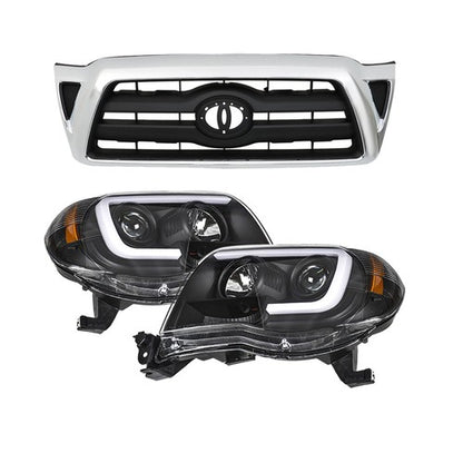 Solid Spare Pair Headlights Front Grille Chrome Shell W/Black Insert For 05-11 Toyota Tacoma