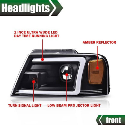 Solid Spare Projector LED DRL Headlights Assembly For 2004-2008 Ford F150 F-150 Headlamps