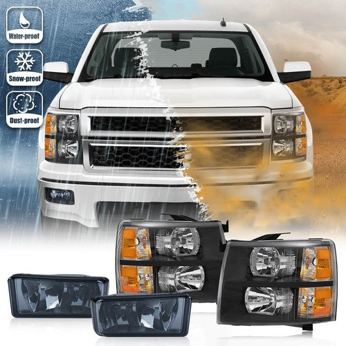 Solid Spare FIT FOR 07-13 CHEVY SILVERADO LEFT+RIGHT HEADLIGHTS +SMOKED FOG LAMPS BLACK