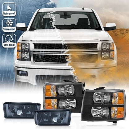 Solid Spare FIT FOR 07-13 CHEVY SILVERADO LEFT+RIGHT HEADLIGHTS +SMOKED FOG LAMPS BLACK