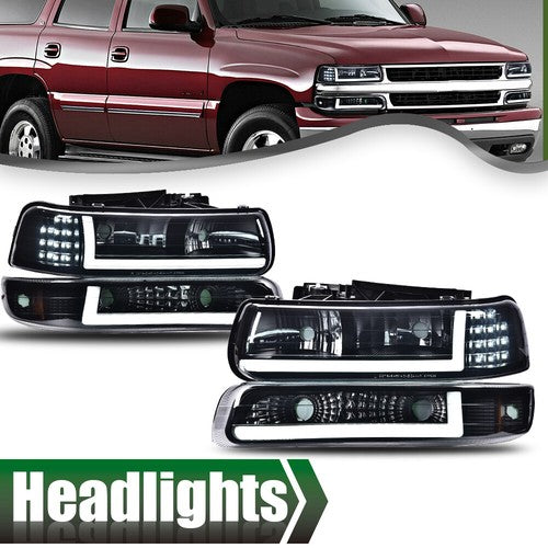 Solid Spare Fit For 99-02 Chevy Silverado 00-06 Tahoe LED DRL Bar Headlights & Bumper Lamps