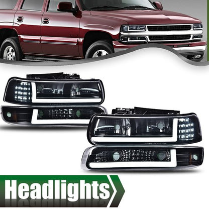 Solid Spare Fit For 99-02 Chevy Silverado 00-06 Tahoe LED DRL Bar Headlights & Bumper Lamps