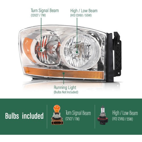 Solid Spare Fit For 06-2008 Dodge Ram 1500/06-09 Ram 2500 3500 Amber Chrome Headlight Right