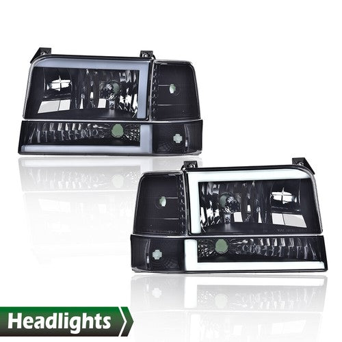 Solid Spare FIT FOR 92-96 FORD F150 F250 F350 LED DRL BLACK HEADLIGHT CORNER/BUMPER
