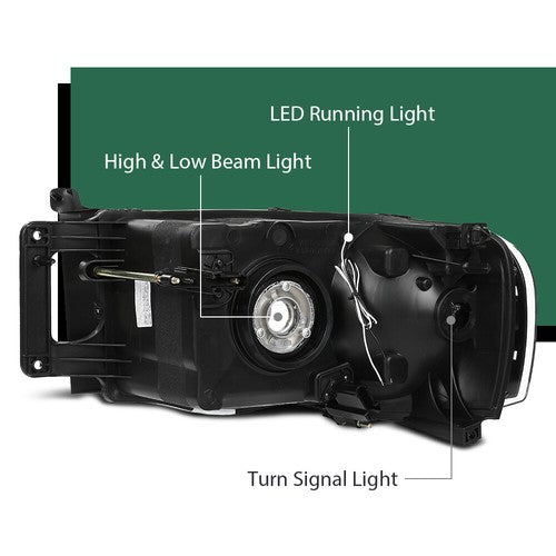 Solid Spare Clear/Black LED Tube DRL Headlights Fit For 2002-2005 Dodge Ram 1500 2500 3500