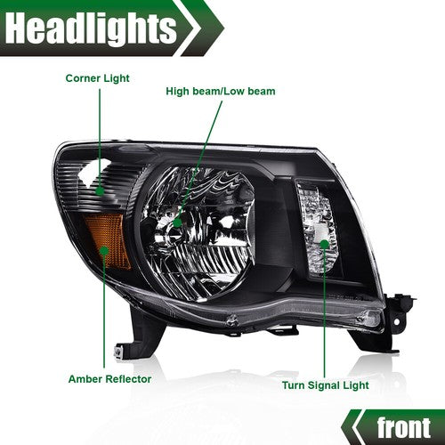 Solid Spare Fit For 2005-2011 Toyota Tacoma Amber/Black Headlights Headlamps Left & Right