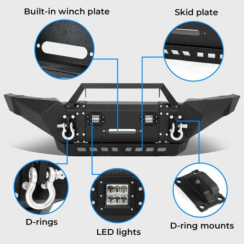 Solid Spare For Toyota Tacoma 2005-15 Front Bumper Steel w/Winch Plate&LED Lights&Skid Plate
