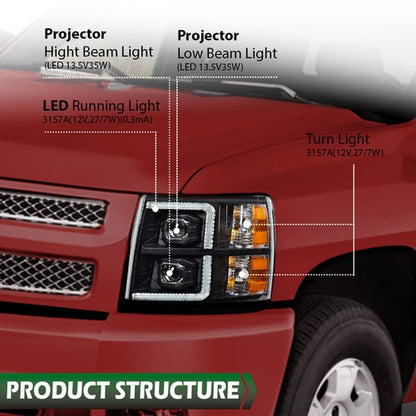 Solid Spare LED DRL Projector Headlights Black Fit For 07-13 Chevy Silverado 1500/2500/3500