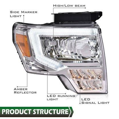 Solid Spare Pair Amber/Chrome LED DRL Headlights Assembly Fit For 2009-2014 Ford F150 F-150