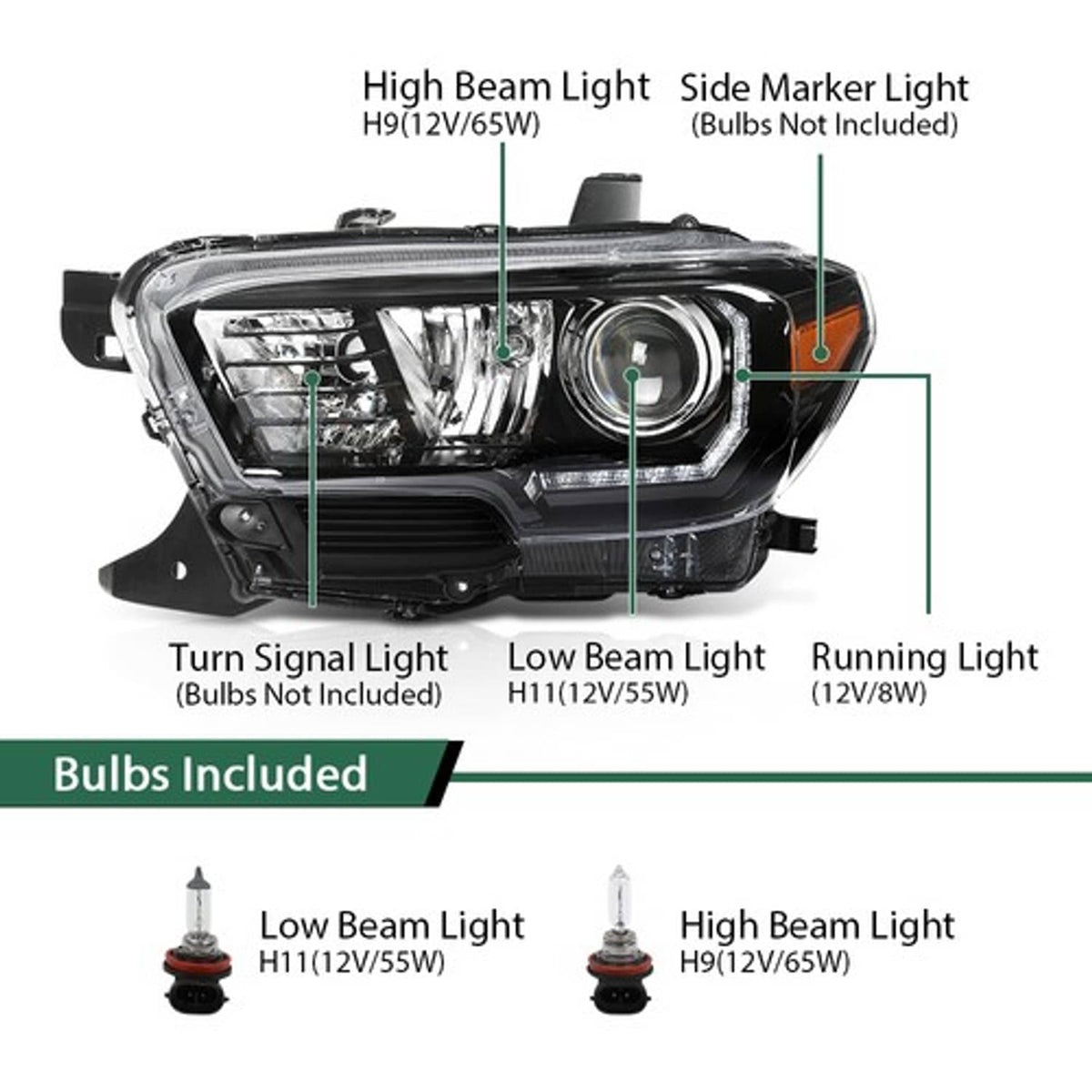 Solid Spare Headlights Headlamps Assembly Black w/ LED DRL Fit For 2016-2022 Toyota Tacoma