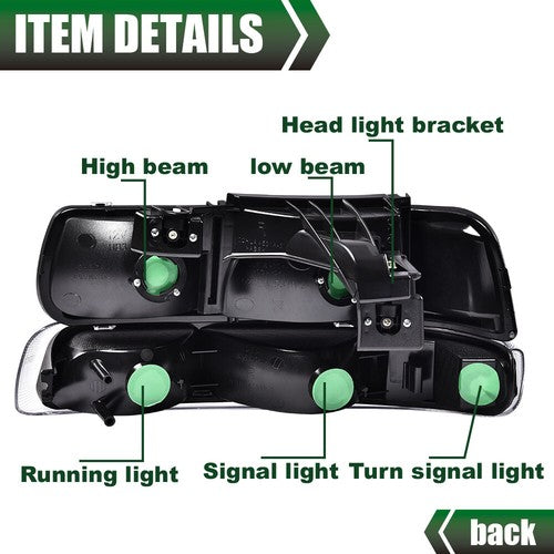 Solid Spare Fit For 99-02 Chevy Silverado/00-06 Suburban Black Clear Headlights + Fog Lights