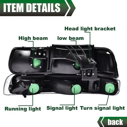 Solid Spare Fit For 99-02 Chevy Silverado/00-06 Suburban Black Clear Headlights + Fog Lights