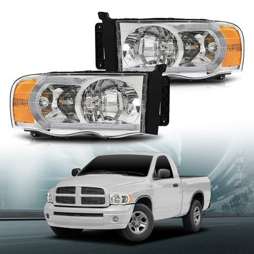 Solid Spare Fit For 2002-2005 Dodge Ram 1500 2500 3500 Clear/Chrome LED Tube DRL Headlights