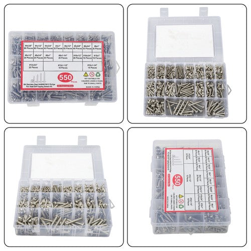 Solid Spare 550Pcs 304 stainless steel wood screws kits #4 #6 #8 #10 #12 countersunk Silver