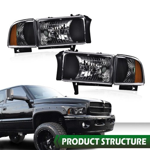 Solid Spare Amber Corner Black Headlights Assembly Fit For 94-02 Dodge Ram 1500 2500 3500