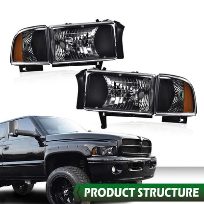 Solid Spare Amber Corner Black Headlights Assembly Fit For 94-02 Dodge Ram 1500 2500 3500