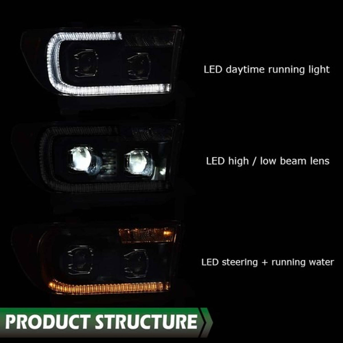 Solid Spare Fit For 2007-2013 Tundra 08-17 Sequoia Black/Clear LED Tube Projector Headlights