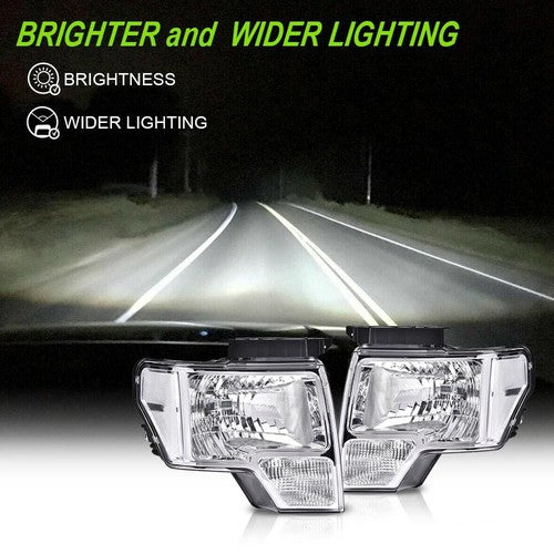 Solid Spare FIT FOR 2009-2014 FORD F150 CLEAR LENS CHROME HOUSING HEADLIGHTS LAMPS LH+RH