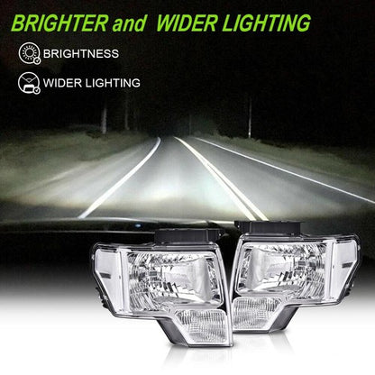 Solid Spare FIT FOR 2009-2014 FORD F150 CLEAR LENS CHROME HOUSING HEADLIGHTS LAMPS LH+RH