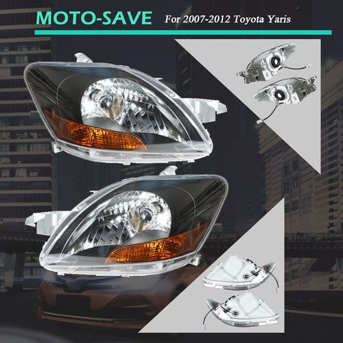 Solid Spare Headlights Headlamps Black Housing Left & Right Side For 2007-2012 Toyota Yaris