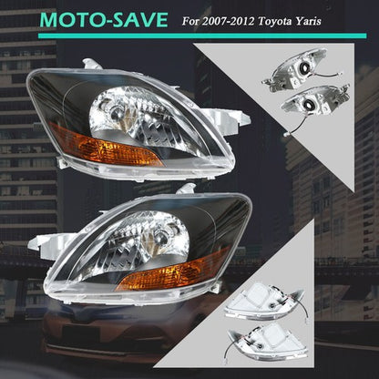 Solid Spare Headlights Headlamps Black Housing Left & Right Side For 2007-2012 Toyota Yaris